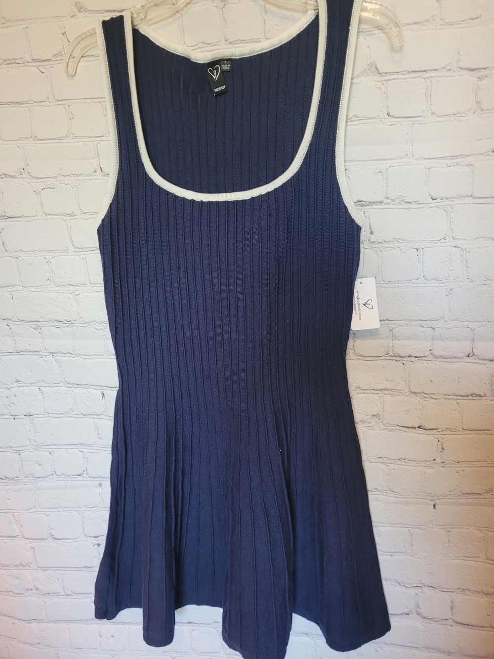 Navy Knit White Trim Windsor Sleeveless Size Large Accordian Knit Dress Nautical